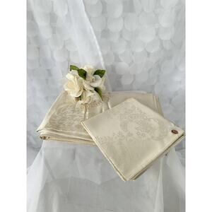 Vtg Beige Linen Double Damask Tablecloth 8 Napkins Floral Garlands Acanthus